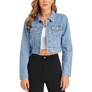 Light Blue Women’s Cropped Jean Denim Jacket Button Down Long Sleeve with Pocket